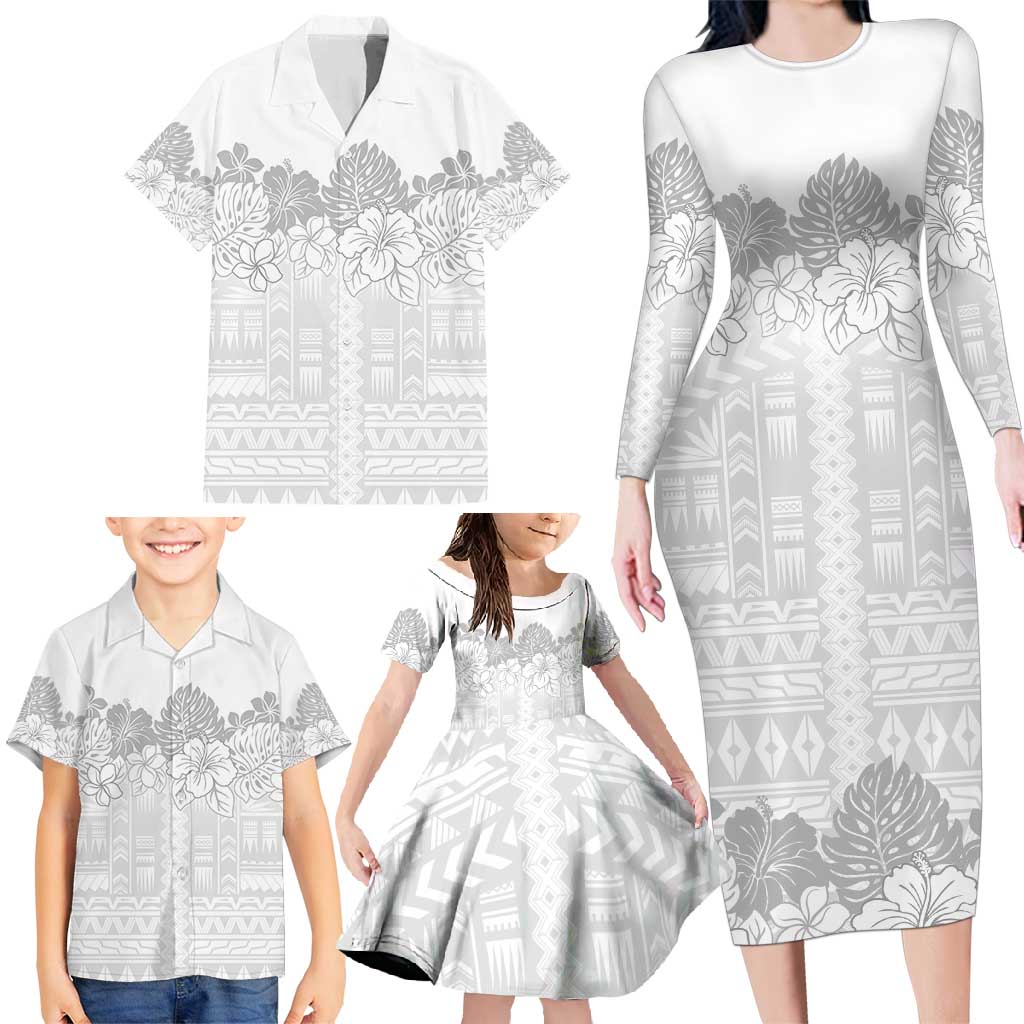 Samoa Lotu Tamaiti Family Matching Long Sleeve Bodycon Dress and Hawaiian Shirt White Sunday Polynesian Pattern With Tropical Flowers LT05 - Polynesian Pride