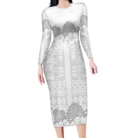 Samoa Lotu Tamaiti Family Matching Long Sleeve Bodycon Dress and Hawaiian Shirt White Sunday Polynesian Pattern With Tropical Flowers LT05 Mom's Dress White - Polynesian Pride