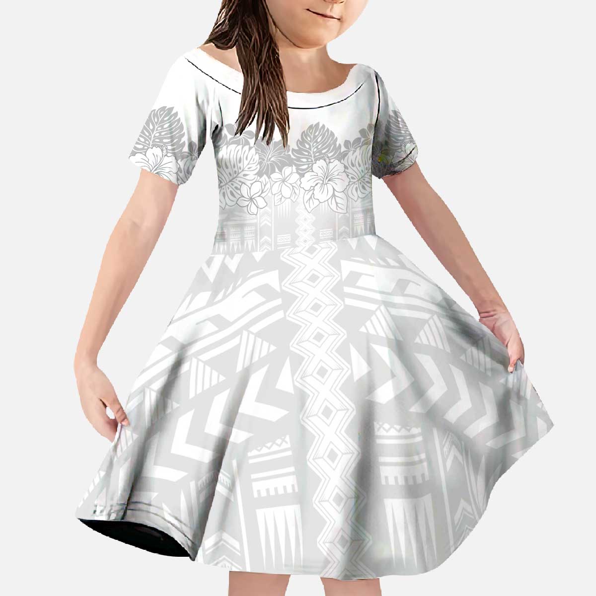 Samoa Lotu Tamaiti Family Matching Off The Shoulder Long Sleeve Dress and Hawaiian Shirt White Sunday Polynesian Pattern With Tropical Flowers LT05 Daughter's Dress White - Polynesian Pride