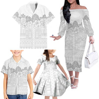 Samoa Lotu Tamaiti Family Matching Off The Shoulder Long Sleeve Dress and Hawaiian Shirt White Sunday Polynesian Pattern With Tropical Flowers LT05 - Polynesian Pride