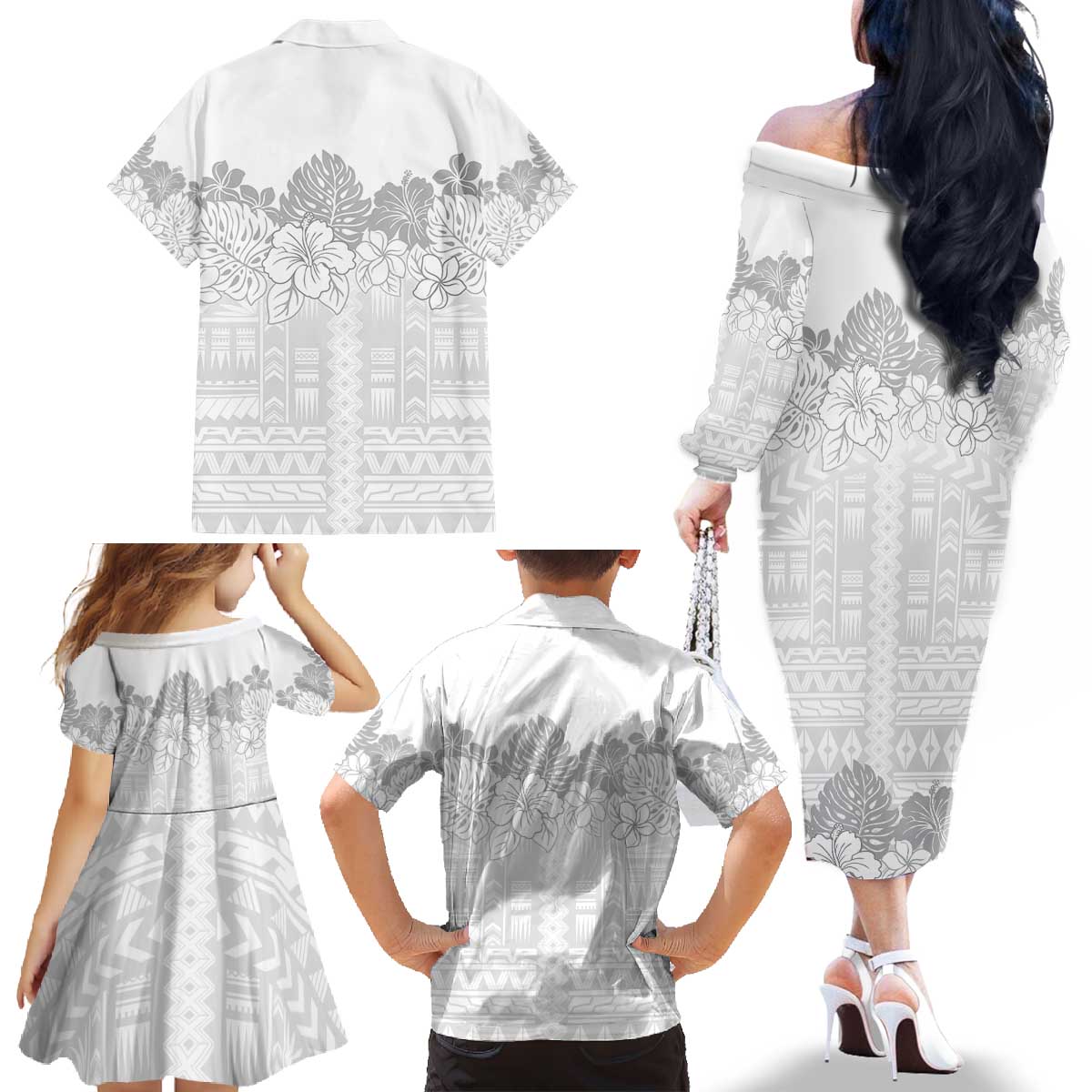 Samoa Lotu Tamaiti Family Matching Off The Shoulder Long Sleeve Dress and Hawaiian Shirt White Sunday Polynesian Pattern With Tropical Flowers LT05 - Polynesian Pride
