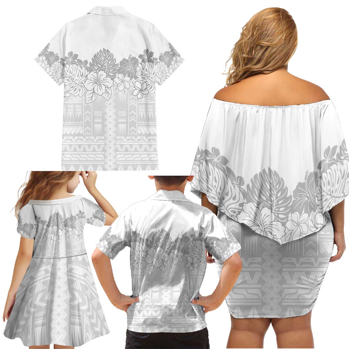 Samoa Lotu Tamaiti Family Matching Off Shoulder Short Dress and Hawaiian Shirt White Sunday Polynesian Pattern With Tropical Flowers LT05 - Polynesian Pride