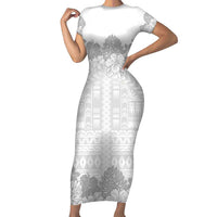 Samoa Lotu Tamaiti Family Matching Short Sleeve Bodycon Dress and Hawaiian Shirt White Sunday Polynesian Pattern With Tropical Flowers LT05 Mom's Dress White - Polynesian Pride