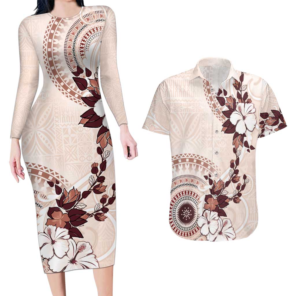 Bula Fiji Language Week Couples Matching Long Sleeve Bodycon Dress and Hawaiian Shirt Fijian Tapa Pattern With Tagimoucia Flower LT05 Beige - Polynesian Pride