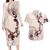 Bula Fiji Language Week Couples Matching Long Sleeve Bodycon Dress and Hawaiian Shirt Fijian Tapa Pattern With Tagimoucia Flower LT05 Beige - Polynesian Pride