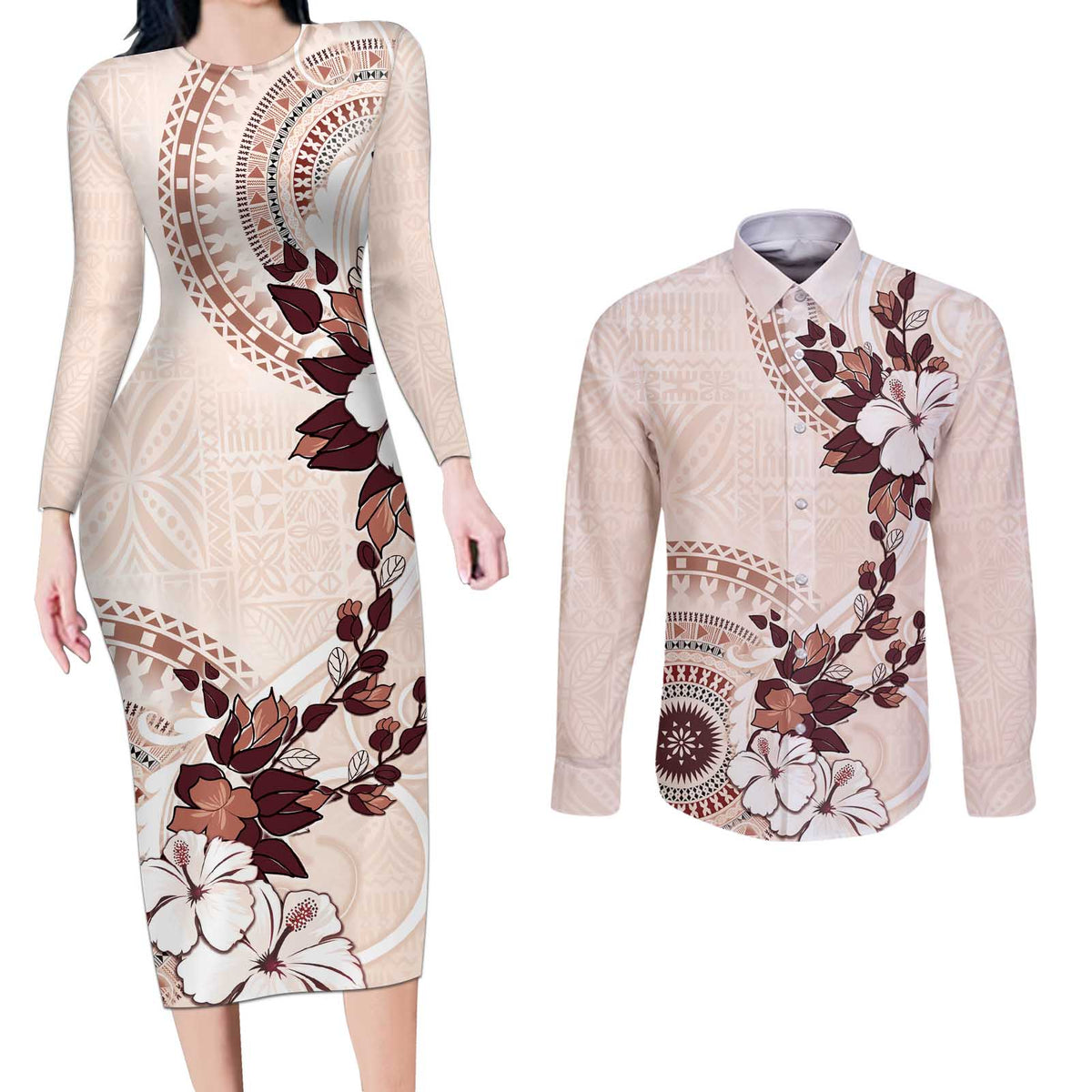 Bula Fiji Language Week Couples Matching Long Sleeve Bodycon Dress and Long Sleeve Button Shirt Fijian Tapa Pattern With Tagimoucia Flower LT05 Beige - Polynesian Pride