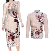 Bula Fiji Language Week Couples Matching Long Sleeve Bodycon Dress and Long Sleeve Button Shirt Fijian Tapa Pattern With Tagimoucia Flower LT05 Beige - Polynesian Pride