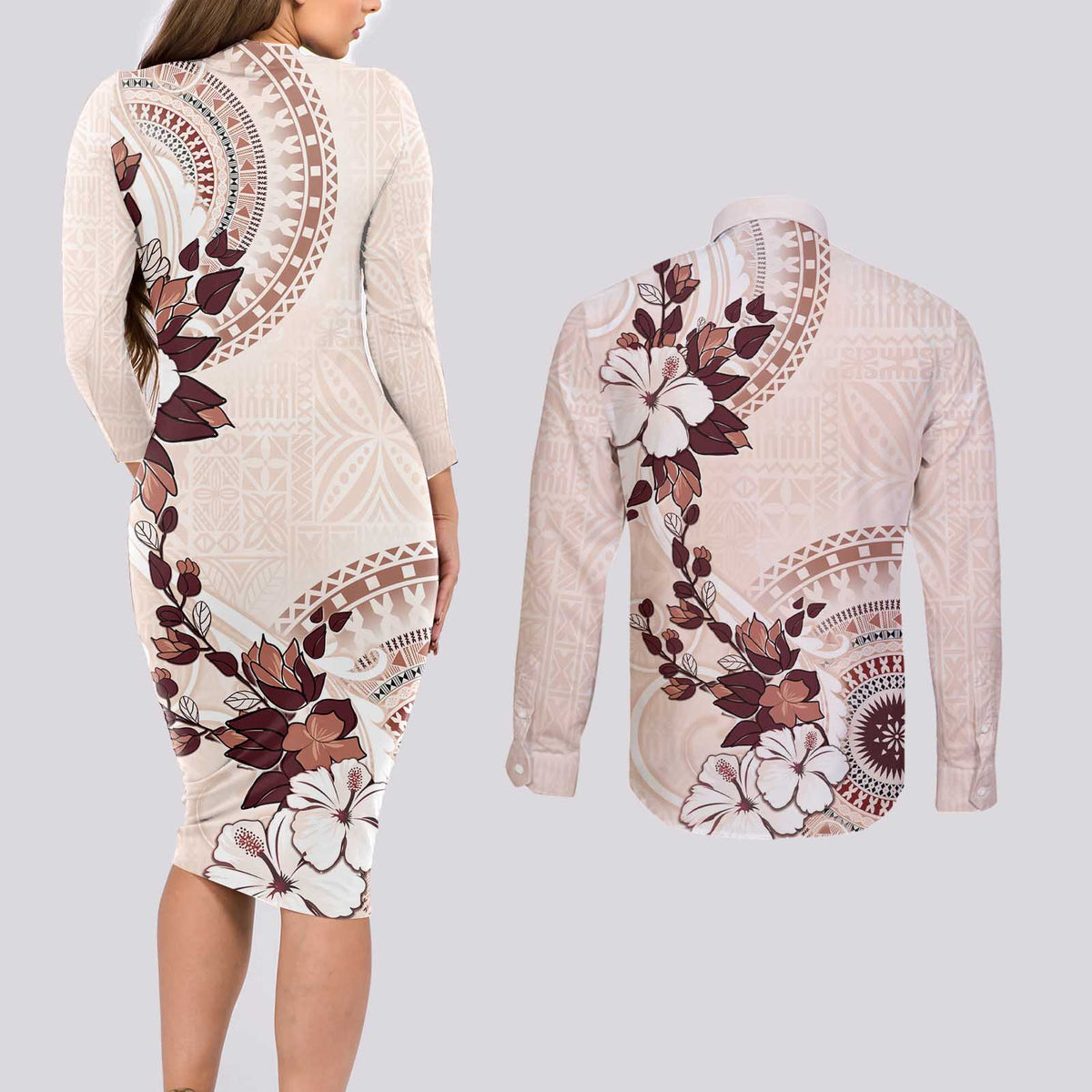 Bula Fiji Language Week Couples Matching Long Sleeve Bodycon Dress and Long Sleeve Button Shirt Fijian Tapa Pattern With Tagimoucia Flower LT05 - Polynesian Pride