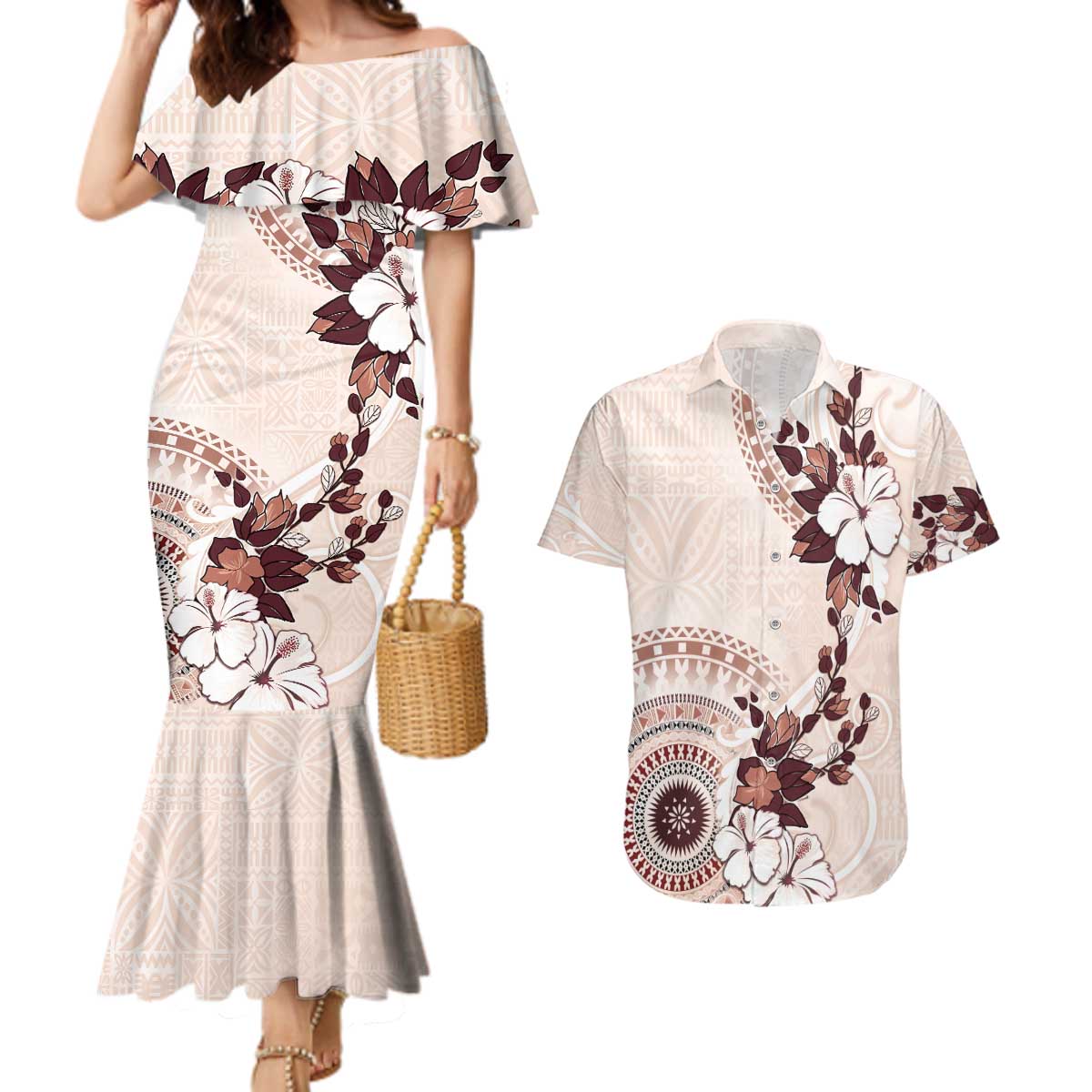 Bula Fiji Language Week Couples Matching Mermaid Dress and Hawaiian Shirt Fijian Tapa Pattern With Tagimoucia Flower LT05 Beige - Polynesian Pride