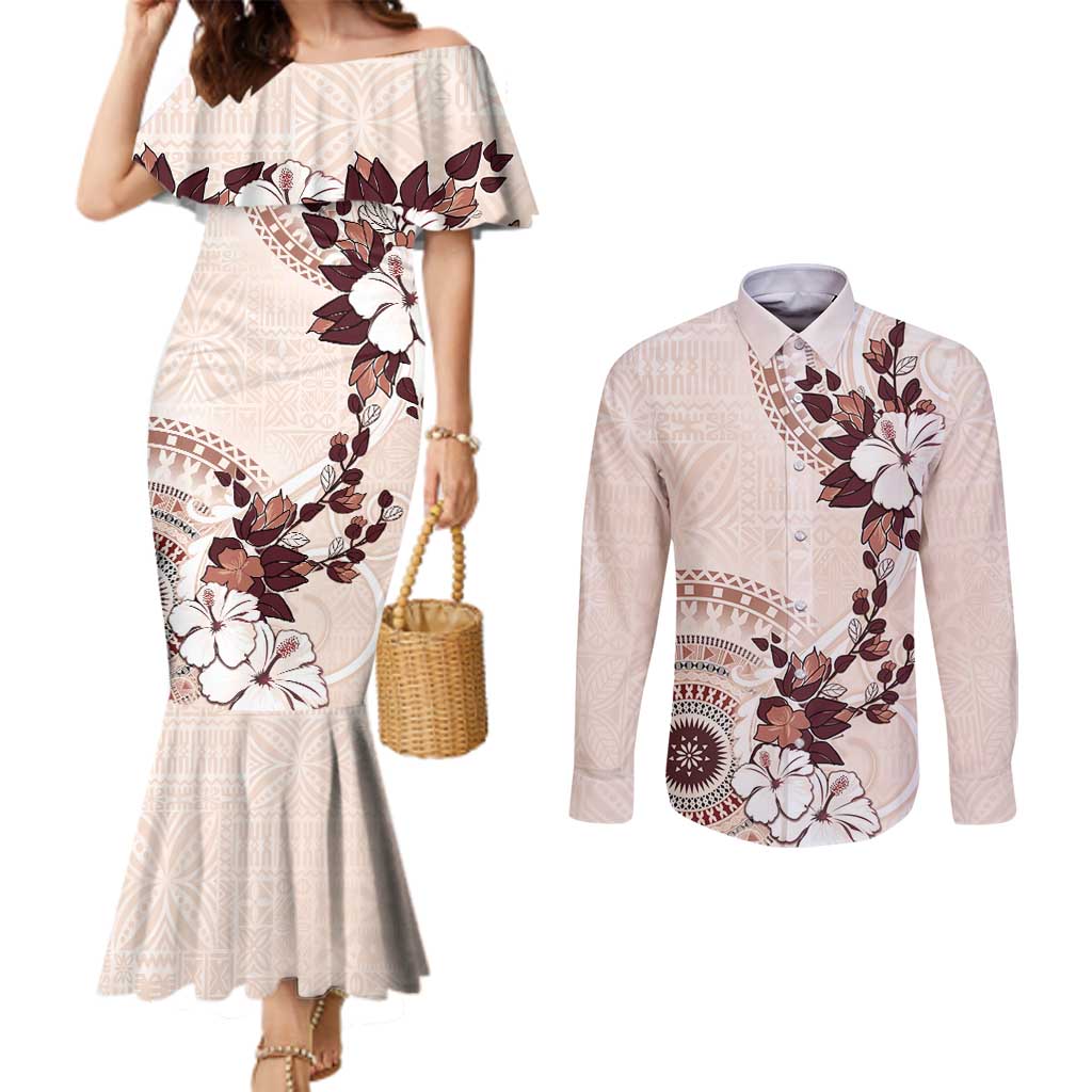 Bula Fiji Language Week Couples Matching Mermaid Dress and Long Sleeve Button Shirt Fijian Tapa Pattern With Tagimoucia Flower LT05 Beige - Polynesian Pride