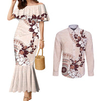 Bula Fiji Language Week Couples Matching Mermaid Dress and Long Sleeve Button Shirt Fijian Tapa Pattern With Tagimoucia Flower LT05 Beige - Polynesian Pride