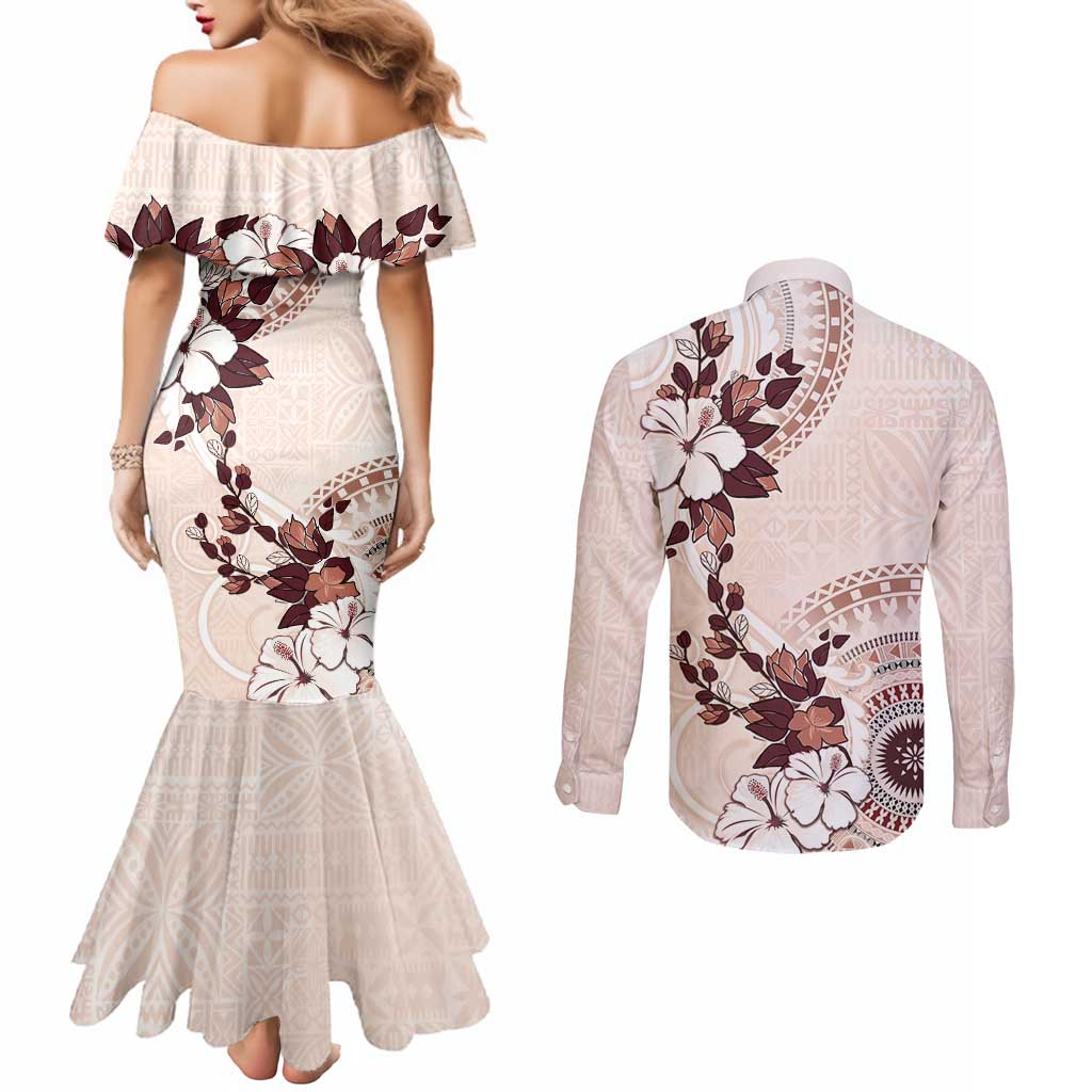 Bula Fiji Language Week Couples Matching Mermaid Dress and Long Sleeve Button Shirt Fijian Tapa Pattern With Tagimoucia Flower LT05 - Polynesian Pride