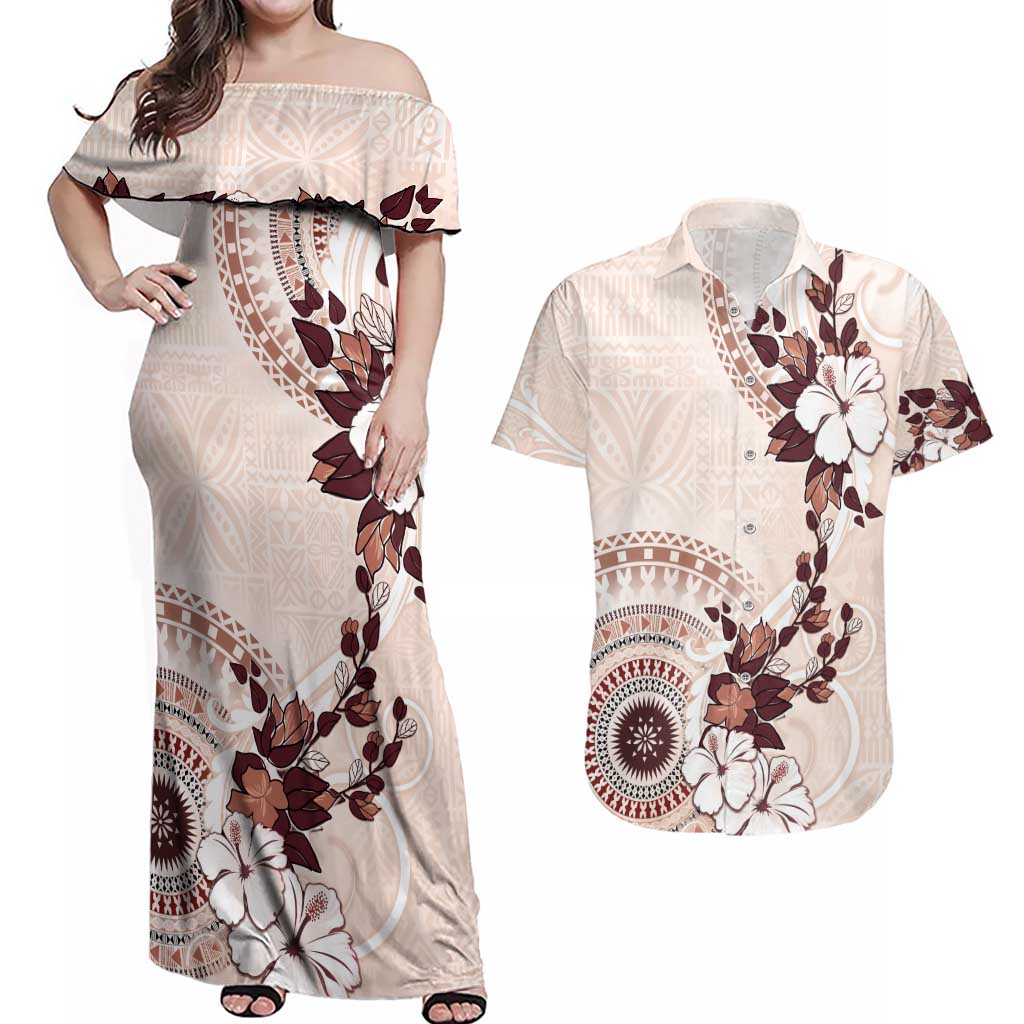 Bula Fiji Language Week Couples Matching Off Shoulder Maxi Dress and Hawaiian Shirt Fijian Tapa Pattern With Tagimoucia Flower LT05 Beige - Polynesian Pride