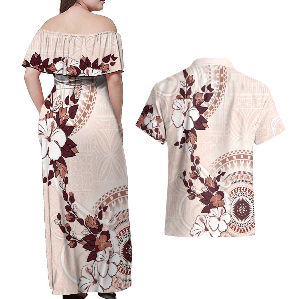Bula Fiji Language Week Couples Matching Off Shoulder Maxi Dress and Hawaiian Shirt Fijian Tapa Pattern With Tagimoucia Flower LT05 - Polynesian Pride