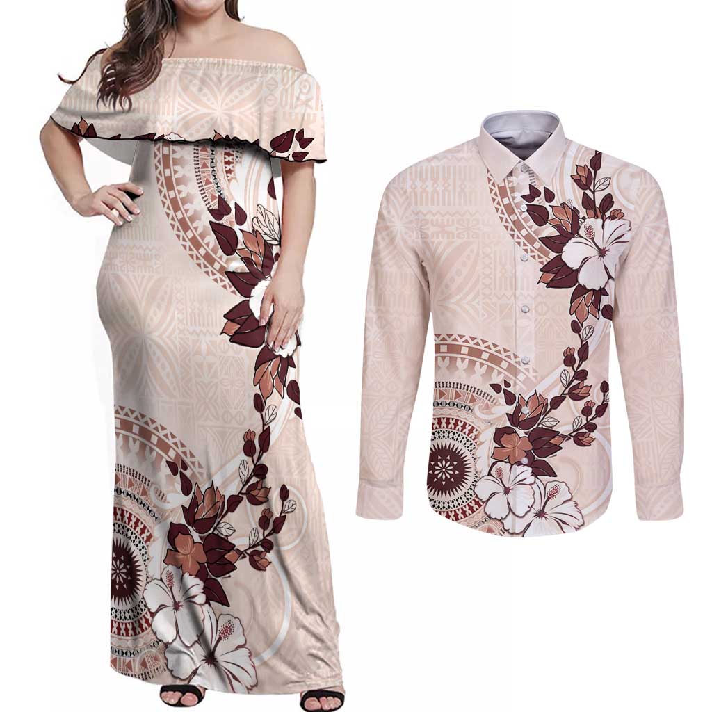 Bula Fiji Language Week Couples Matching Off Shoulder Maxi Dress and Long Sleeve Button Shirt Fijian Tapa Pattern With Tagimoucia Flower LT05 Beige - Polynesian Pride