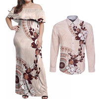 Bula Fiji Language Week Couples Matching Off Shoulder Maxi Dress and Long Sleeve Button Shirt Fijian Tapa Pattern With Tagimoucia Flower LT05 Beige - Polynesian Pride