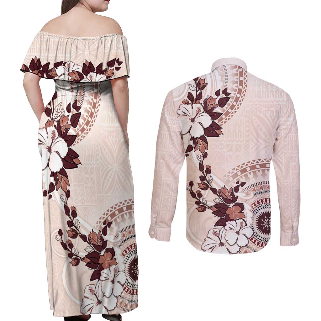 Bula Fiji Language Week Couples Matching Off Shoulder Maxi Dress and Long Sleeve Button Shirt Fijian Tapa Pattern With Tagimoucia Flower LT05 - Polynesian Pride