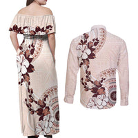 Bula Fiji Language Week Couples Matching Off Shoulder Maxi Dress and Long Sleeve Button Shirt Fijian Tapa Pattern With Tagimoucia Flower LT05 - Polynesian Pride