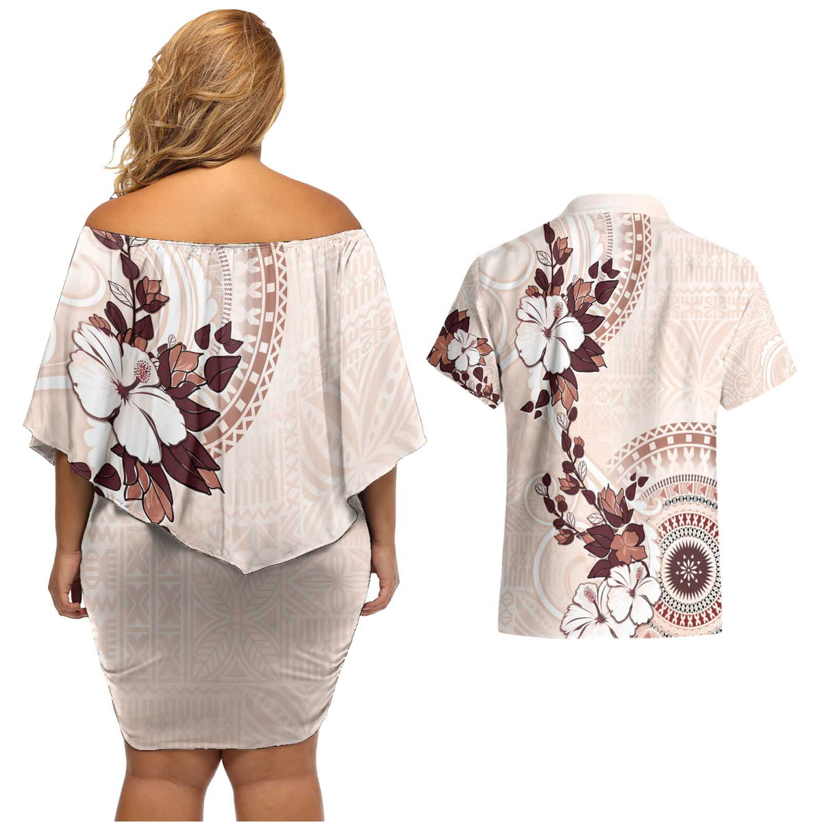 Bula Fiji Language Week Couples Matching Off Shoulder Short Dress and Hawaiian Shirt Fijian Tapa Pattern With Tagimoucia Flower LT05 - Polynesian Pride