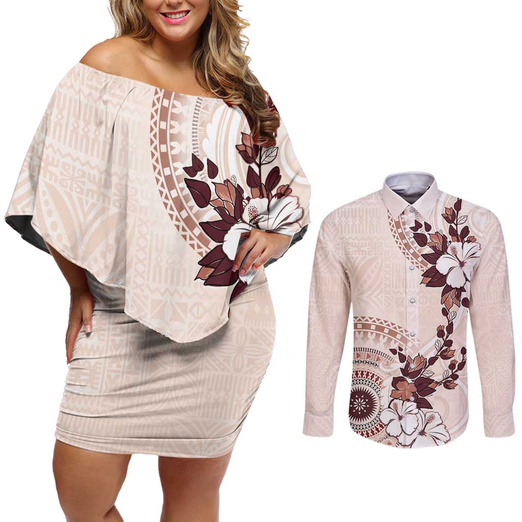 Bula Fiji Language Week Couples Matching Off Shoulder Short Dress and Long Sleeve Button Shirt Fijian Tapa Pattern With Tagimoucia Flower LT05 Beige - Polynesian Pride