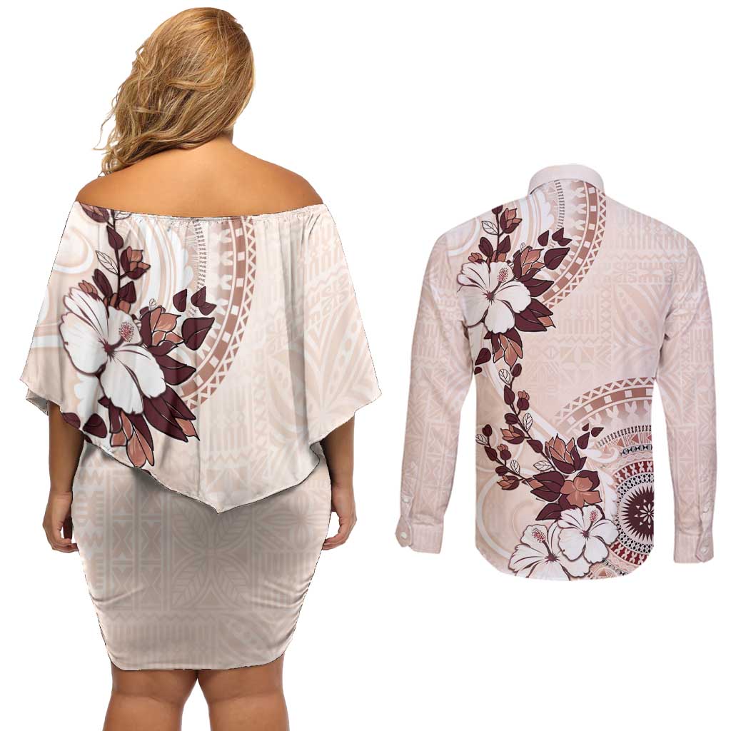 Bula Fiji Language Week Couples Matching Off Shoulder Short Dress and Long Sleeve Button Shirt Fijian Tapa Pattern With Tagimoucia Flower LT05 - Polynesian Pride
