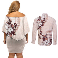 Bula Fiji Language Week Couples Matching Off Shoulder Short Dress and Long Sleeve Button Shirt Fijian Tapa Pattern With Tagimoucia Flower LT05 - Polynesian Pride