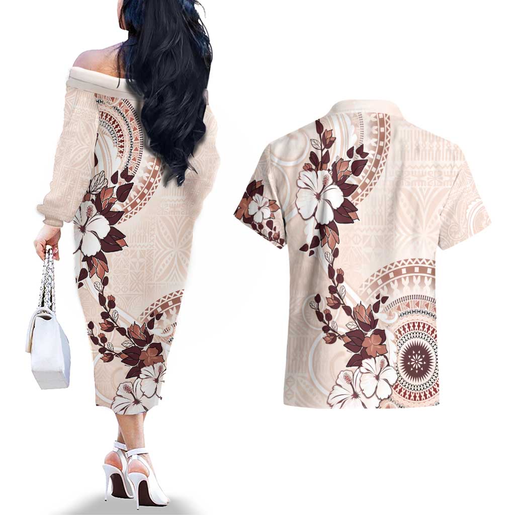 Bula Fiji Language Week Couples Matching Off The Shoulder Long Sleeve Dress and Hawaiian Shirt Fijian Tapa Pattern With Tagimoucia Flower LT05 - Polynesian Pride
