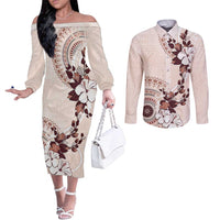 Bula Fiji Language Week Couples Matching Off The Shoulder Long Sleeve Dress and Long Sleeve Button Shirt Fijian Tapa Pattern With Tagimoucia Flower LT05 Beige - Polynesian Pride