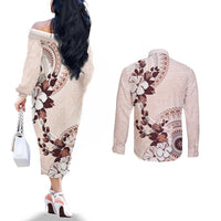 Bula Fiji Language Week Couples Matching Off The Shoulder Long Sleeve Dress and Long Sleeve Button Shirt Fijian Tapa Pattern With Tagimoucia Flower LT05 - Polynesian Pride