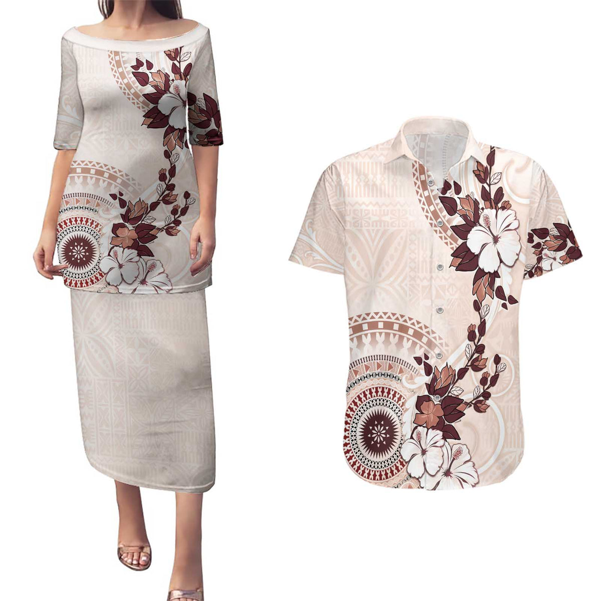 Bula Fiji Language Week Couples Matching Puletasi and Hawaiian Shirt Fijian Tapa Pattern With Tagimoucia Flower LT05 Beige - Polynesian Pride