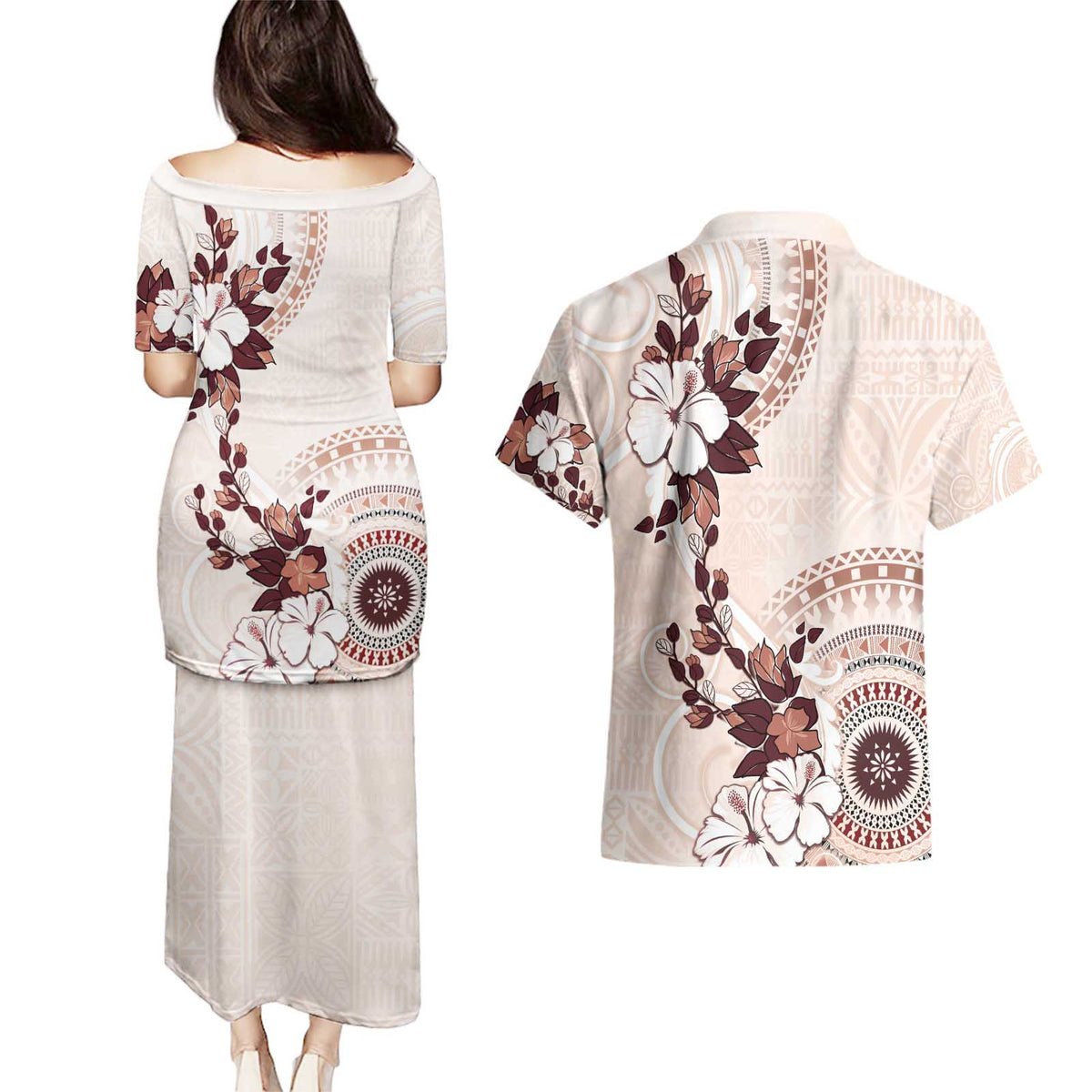 Bula Fiji Language Week Couples Matching Puletasi and Hawaiian Shirt Fijian Tapa Pattern With Tagimoucia Flower LT05 - Polynesian Pride