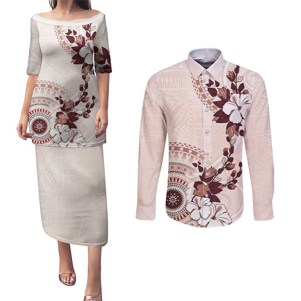 Bula Fiji Language Week Couples Matching Puletasi and Long Sleeve Button Shirt Fijian Tapa Pattern With Tagimoucia Flower LT05 Beige - Polynesian Pride