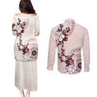 Bula Fiji Language Week Couples Matching Puletasi and Long Sleeve Button Shirt Fijian Tapa Pattern With Tagimoucia Flower LT05 - Polynesian Pride