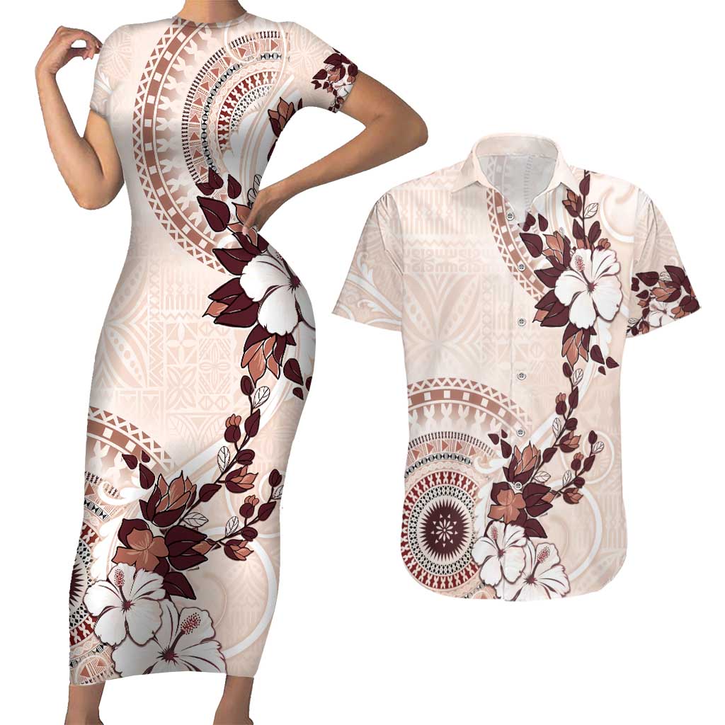 Bula Fiji Language Week Couples Matching Short Sleeve Bodycon Dress and Hawaiian Shirt Fijian Tapa Pattern With Tagimoucia Flower LT05 Beige - Polynesian Pride