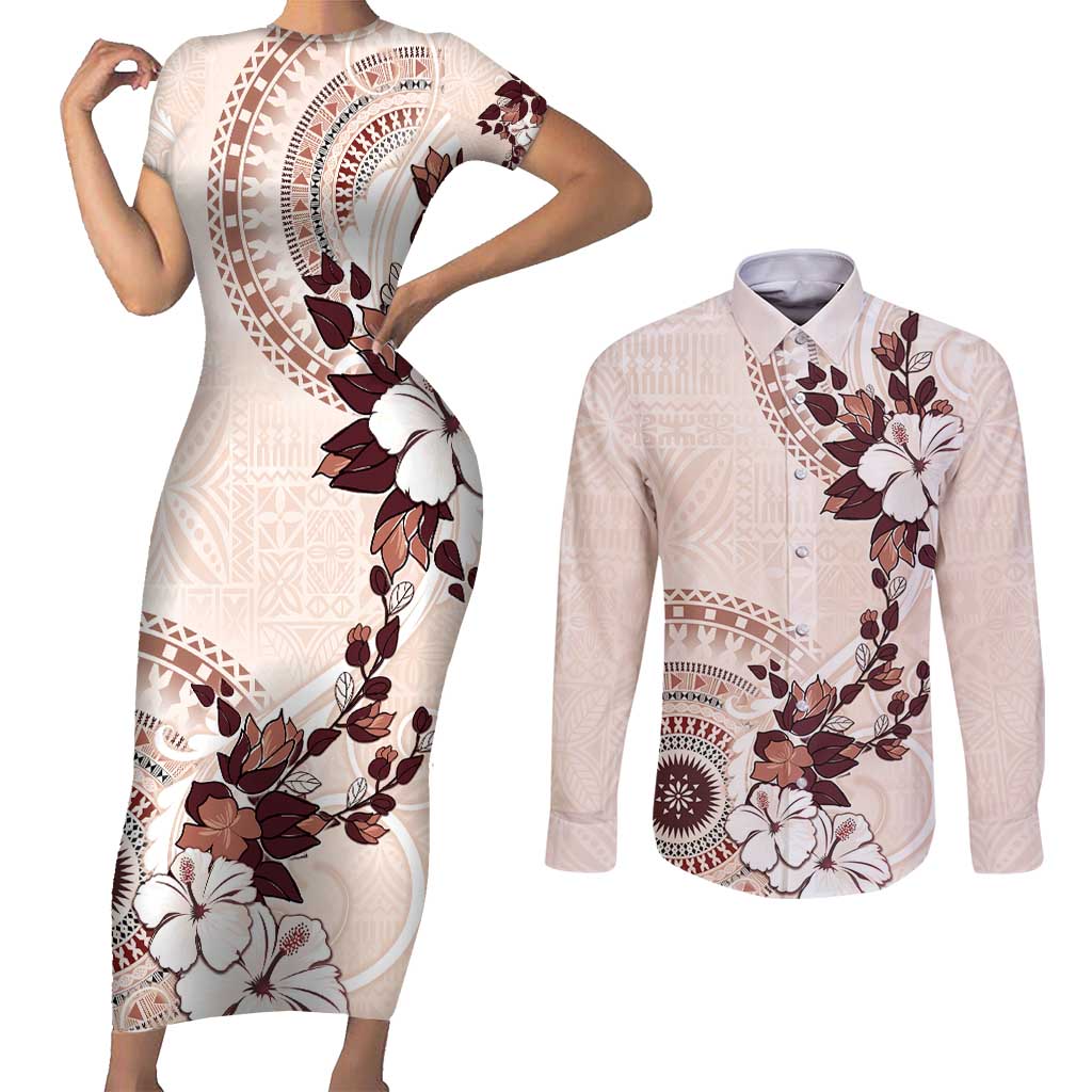 Bula Fiji Language Week Couples Matching Short Sleeve Bodycon Dress and Long Sleeve Button Shirt Fijian Tapa Pattern With Tagimoucia Flower LT05 Beige - Polynesian Pride