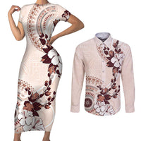 Bula Fiji Language Week Couples Matching Short Sleeve Bodycon Dress and Long Sleeve Button Shirt Fijian Tapa Pattern With Tagimoucia Flower LT05 Beige - Polynesian Pride