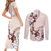 Bula Fiji Language Week Couples Matching Short Sleeve Bodycon Dress and Long Sleeve Button Shirt Fijian Tapa Pattern With Tagimoucia Flower LT05 - Polynesian Pride