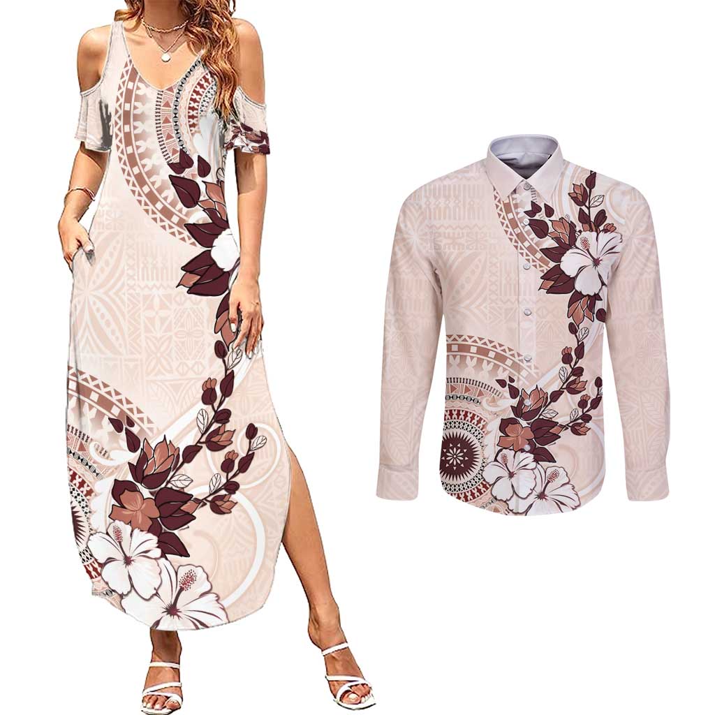 Bula Fiji Language Week Couples Matching Summer Maxi Dress and Long Sleeve Button Shirt Fijian Tapa Pattern With Tagimoucia Flower LT05 Beige - Polynesian Pride