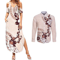 Bula Fiji Language Week Couples Matching Summer Maxi Dress and Long Sleeve Button Shirt Fijian Tapa Pattern With Tagimoucia Flower LT05 Beige - Polynesian Pride