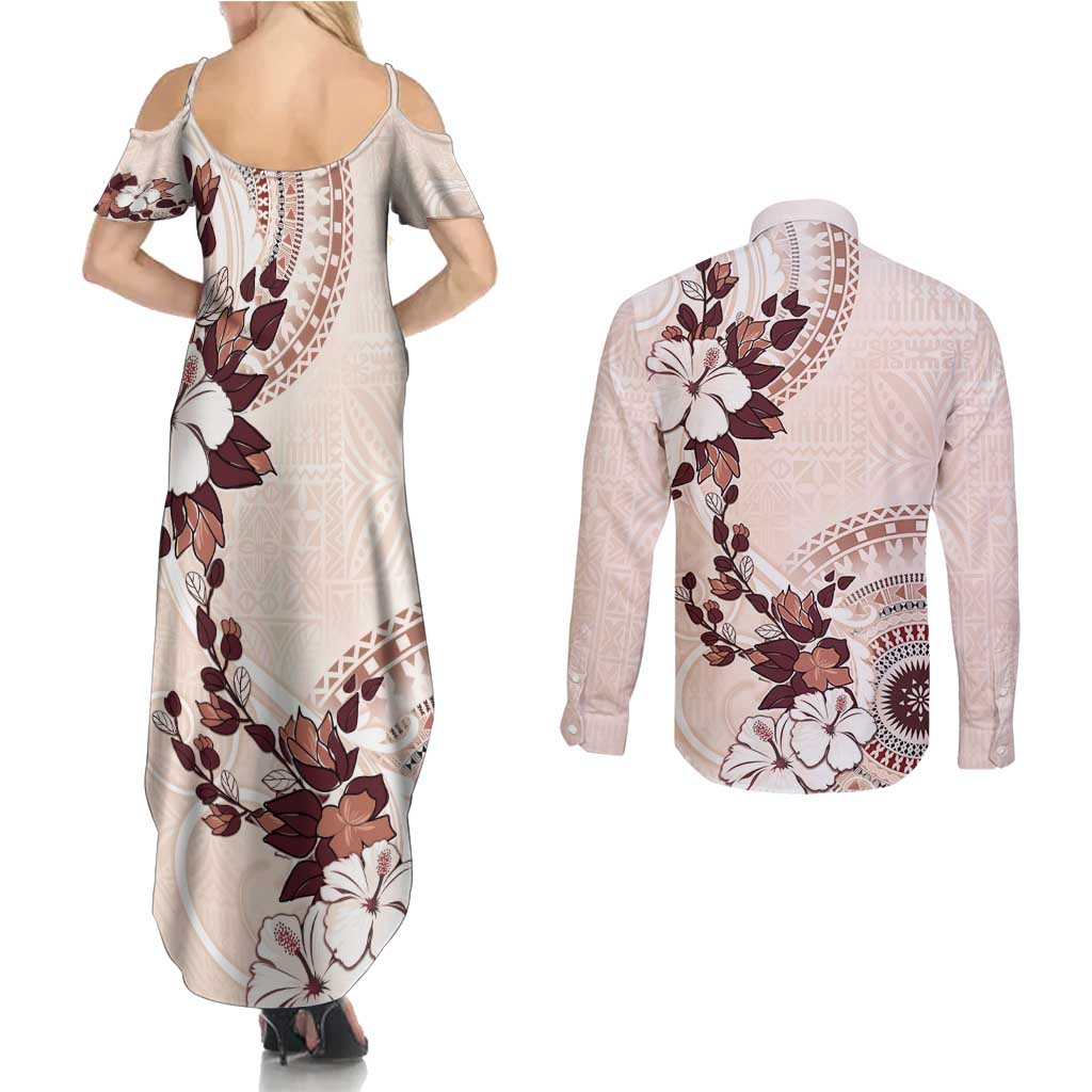 Bula Fiji Language Week Couples Matching Summer Maxi Dress and Long Sleeve Button Shirt Fijian Tapa Pattern With Tagimoucia Flower LT05 - Polynesian Pride