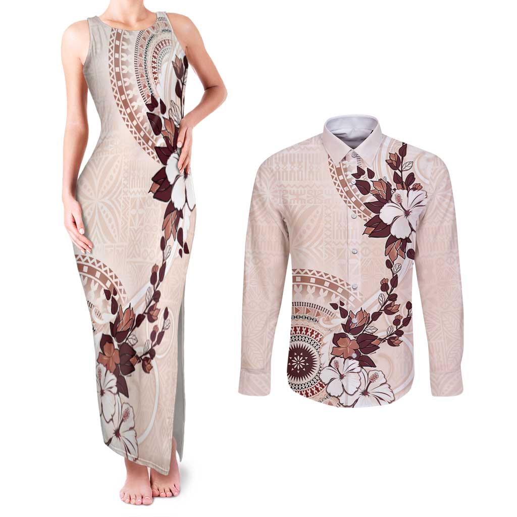 Bula Fiji Language Week Couples Matching Tank Maxi Dress and Long Sleeve Button Shirt Fijian Tapa Pattern With Tagimoucia Flower LT05 Beige - Polynesian Pride