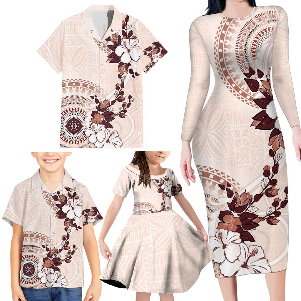 Bula Fiji Language Week Family Matching Long Sleeve Bodycon Dress and Hawaiian Shirt Fijian Tapa Pattern With Tagimoucia Flower LT05 - Polynesian Pride
