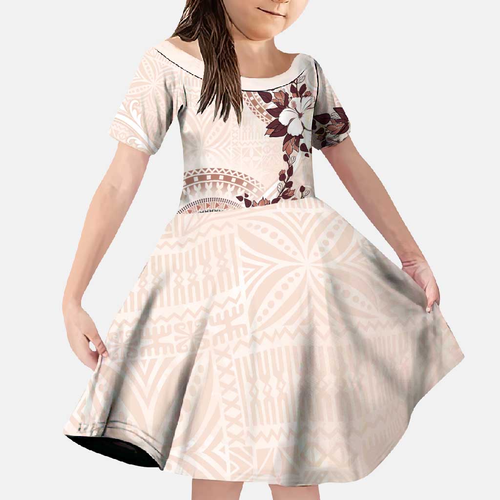 Bula Fiji Language Week Family Matching Mermaid Dress and Hawaiian Shirt Fijian Tapa Pattern With Tagimoucia Flower LT05 Daughter's Dress Beige - Polynesian Pride
