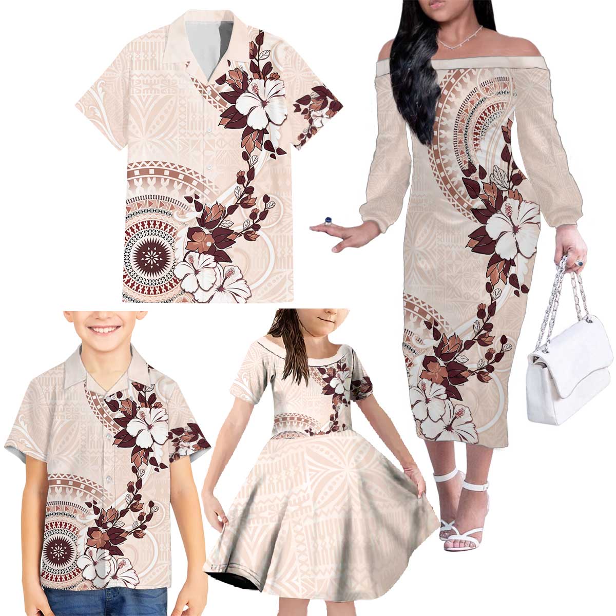 Bula Fiji Language Week Family Matching Off The Shoulder Long Sleeve Dress and Hawaiian Shirt Fijian Tapa Pattern With Tagimoucia Flower LT05 - Polynesian Pride
