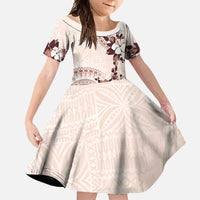 Bula Fiji Language Week Family Matching Off Shoulder Maxi Dress and Hawaiian Shirt Fijian Tapa Pattern With Tagimoucia Flower LT05 Daughter's Dress Beige - Polynesian Pride