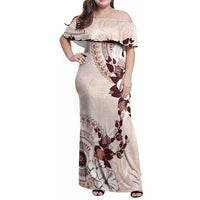 Bula Fiji Language Week Family Matching Off Shoulder Maxi Dress and Hawaiian Shirt Fijian Tapa Pattern With Tagimoucia Flower LT05 Mom's Dress Beige - Polynesian Pride