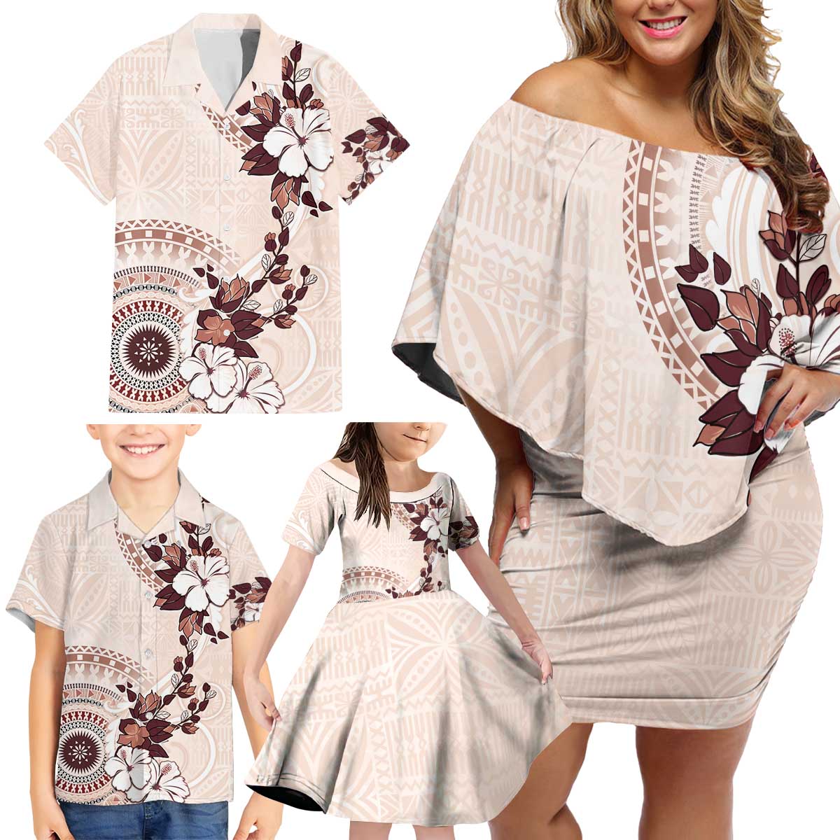 Bula Fiji Language Week Family Matching Off Shoulder Short Dress and Hawaiian Shirt Fijian Tapa Pattern With Tagimoucia Flower LT05 - Polynesian Pride
