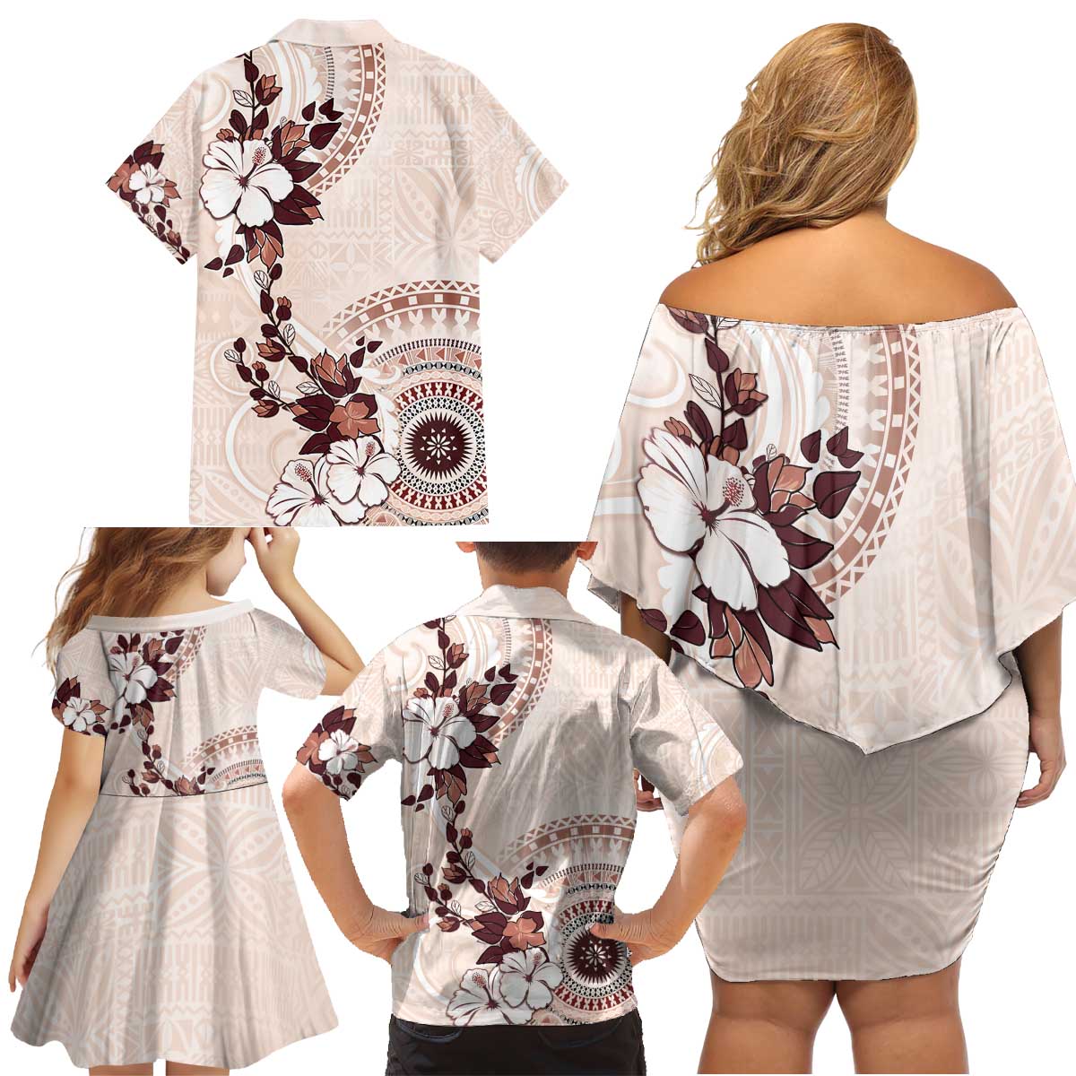 Bula Fiji Language Week Family Matching Off Shoulder Short Dress and Hawaiian Shirt Fijian Tapa Pattern With Tagimoucia Flower LT05 - Polynesian Pride