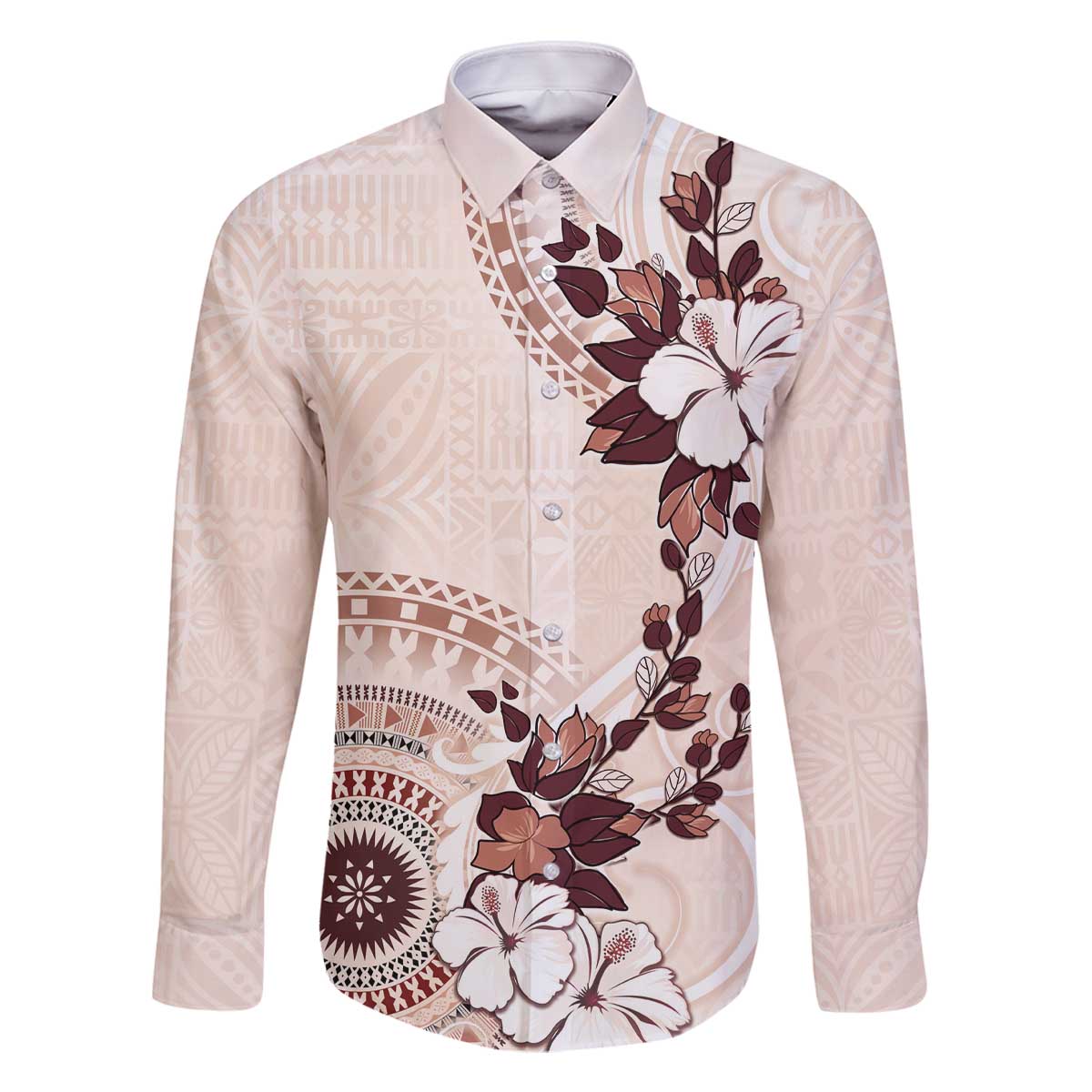 Bula Fiji Language Week Family Matching Off Shoulder Short Dress and Hawaiian Shirt Fijian Tapa Pattern With Tagimoucia Flower LT05 Dad's Shirt - Long Sleeve Beige - Polynesian Pride