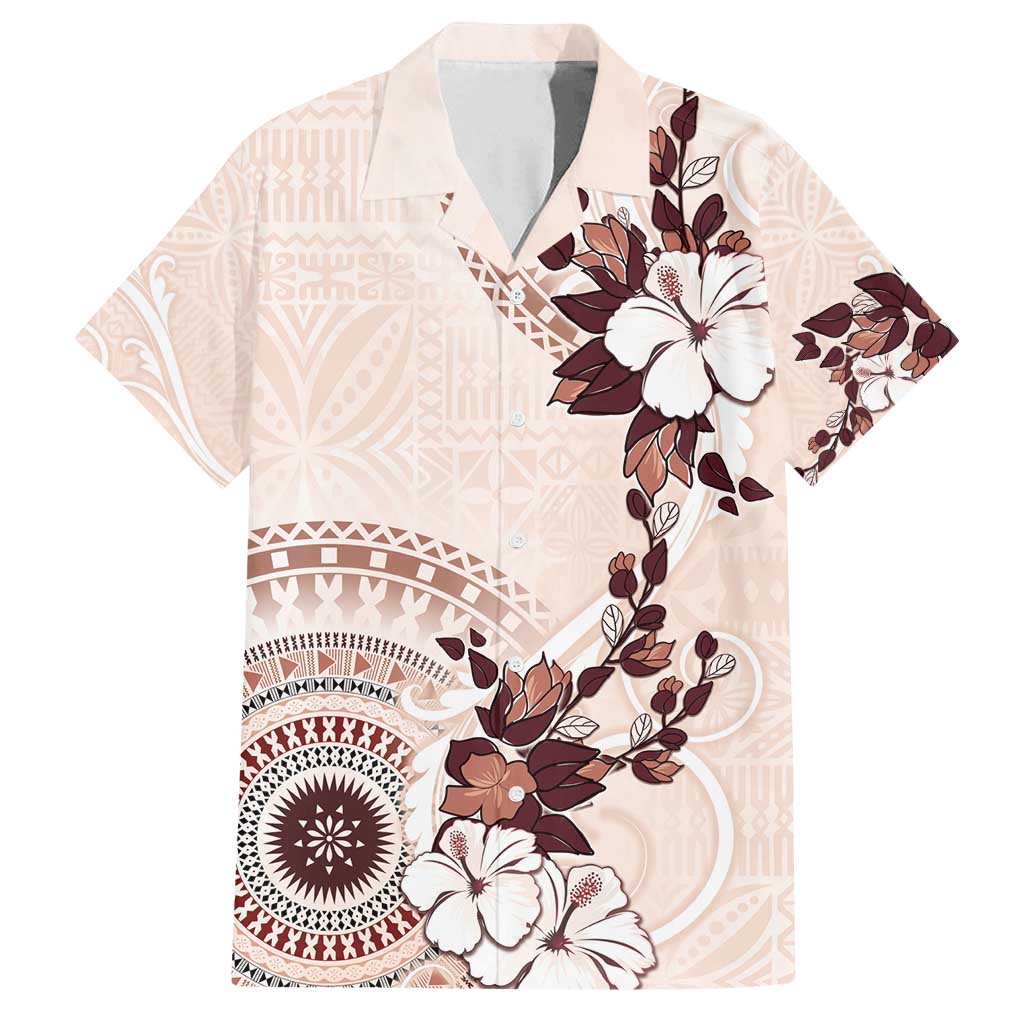 Bula Fiji Language Week Family Matching Tank Maxi Dress and Hawaiian Shirt Fijian Tapa Pattern With Tagimoucia Flower LT05 Dad's Shirt - Short Sleeve Beige - Polynesian Pride